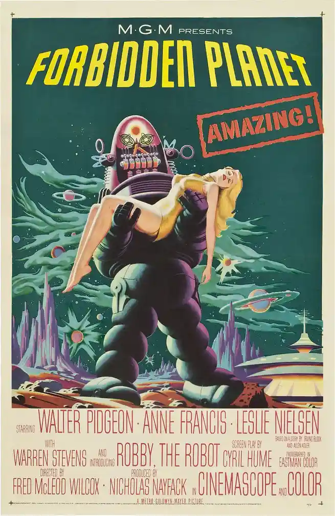 A vintage movie poster for 'Forbidden Planet' shows a large, bulbous robot holding a blonde woman in a futuristic alien…