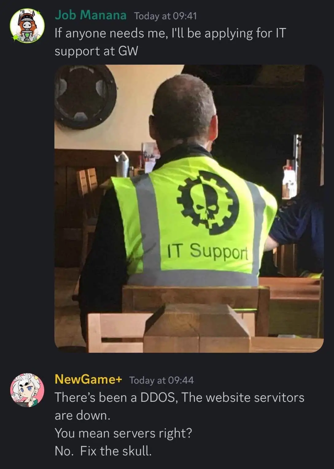 A man is seen from behind wearing a bright yellow high-visibility vest with 'IT Support' printed on it and a skull-in-a-gear…