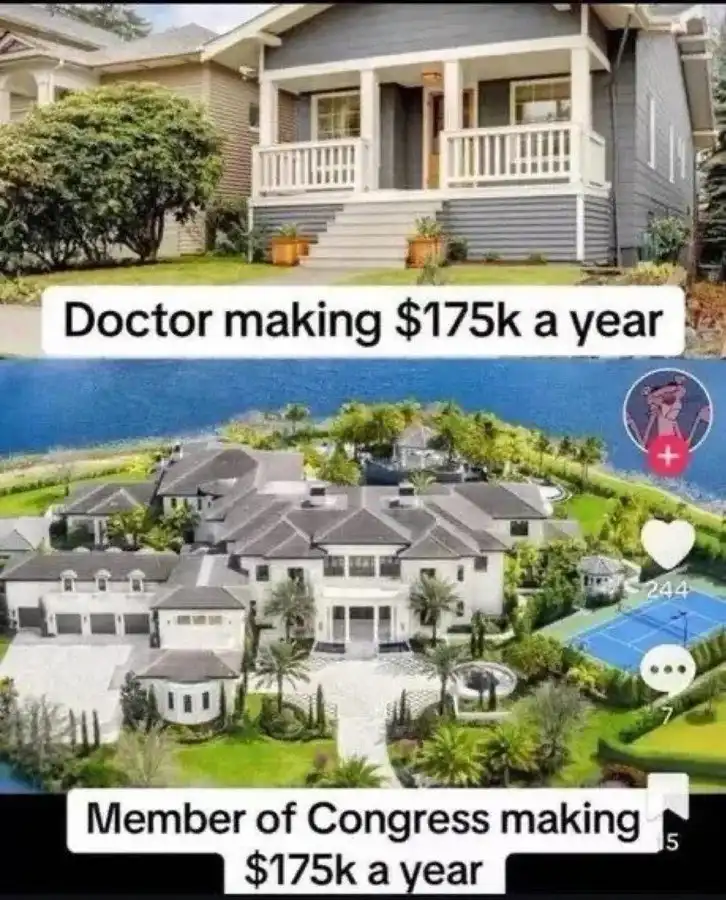 The image is split into two parts: the top shows a modest single-story house with a porch, labeled 'Doctor making $175k a…