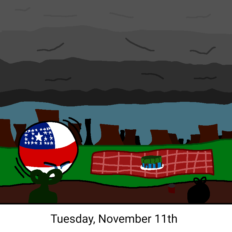 A cartoonish, round character with a flag patterned face (blue, white, red with stars) stands in a bleak landscape with dark…