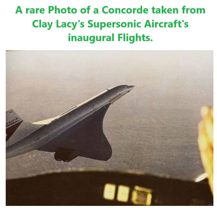 The image shows a Concorde supersonic jet flying in the sky, viewed from the cockpit of another aircraft. The foreground…