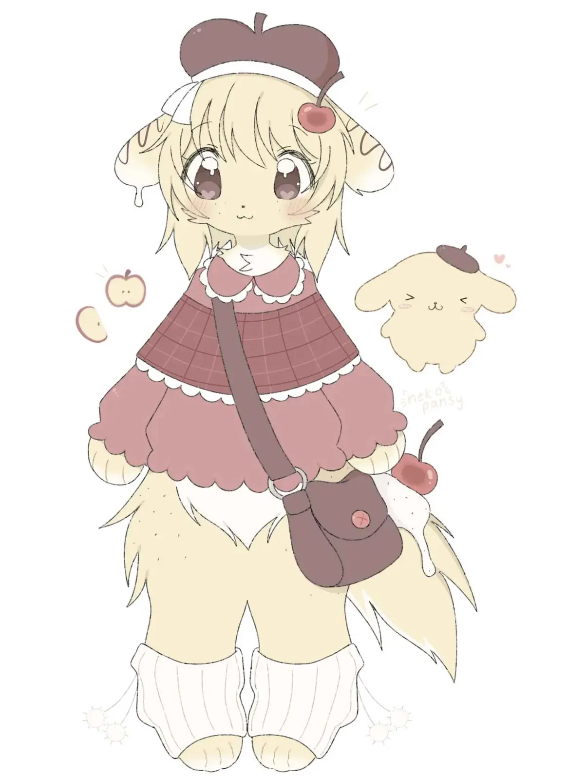 A cute, chibi-style anthropomorphic sheep with blonde hair, wearing a brown beret, a pink frilly dress with a plaid top, and…