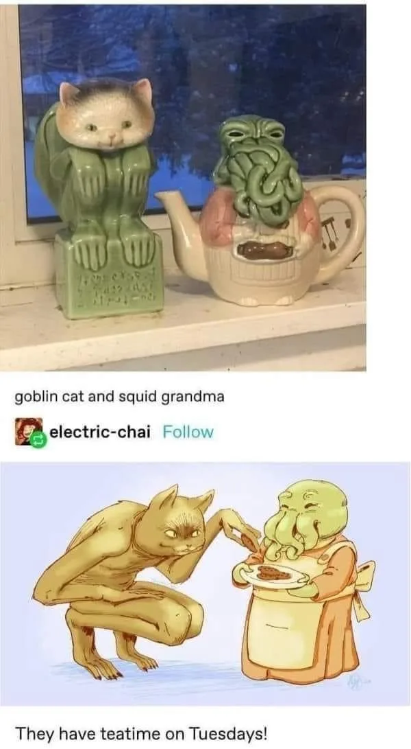The top image shows two ceramic figurines on a windowsill: a green goblin-like cat and a squid-headed grandma in a teapot…