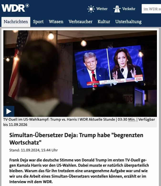 A screenshot of a German news website (WDR) showing a headline about simultaneous interpreter Frank Deja, who translated…