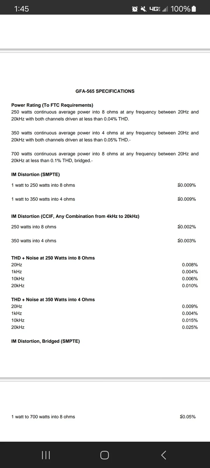 The image displays a technical document titled 'GFA-565 SPECIFICATIONS' listing detailed audio amplifier power ratings and…