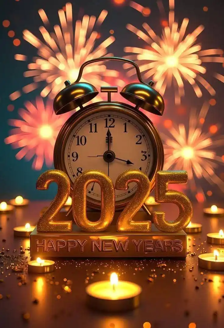 A festive image features a vintage brass alarm clock with its hands pointing to midnight, positioned behind large…