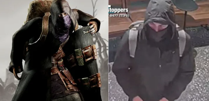 The image is a side-by-side comparison: on the left, a video game character from 'The Evil Within' wearing a dark hooded…