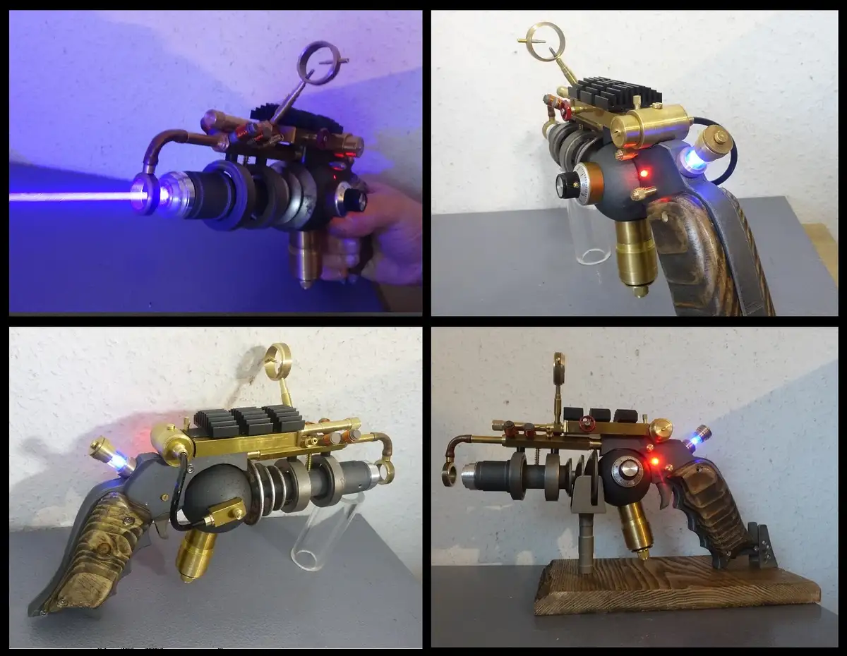 A four-panel collage displays a custom-built steampunk laser pistol from various angles. One panel shows a hand firing the…