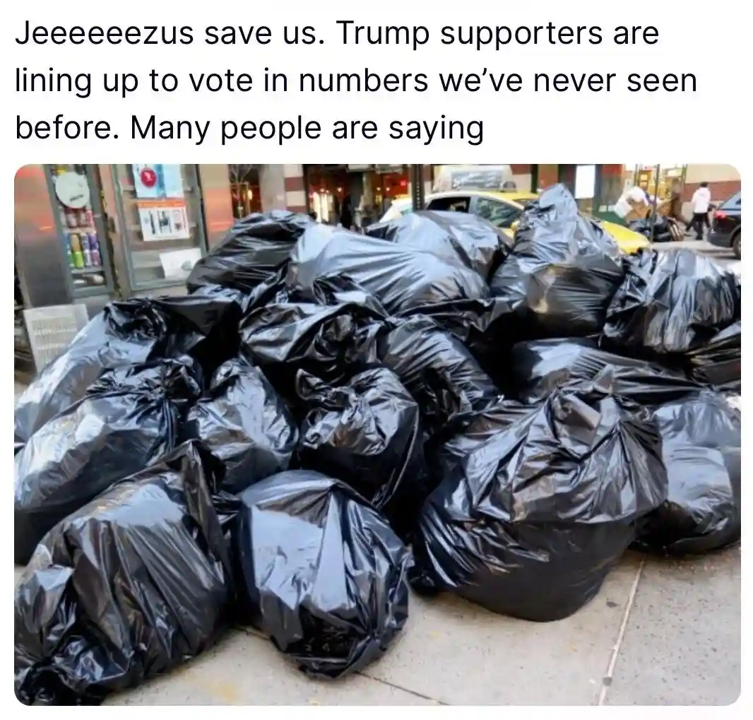 The image shows a large pile of black plastic trash bags overflowing on a city sidewalk, with a street scene including a…