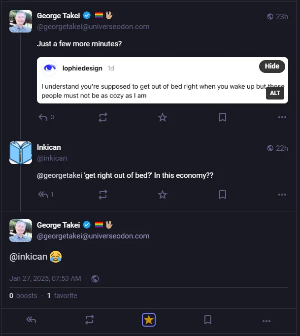A screenshot of a Twitter thread showing George Takei replying to a tweet from 'lophiedesign' that says 'I understand you're…