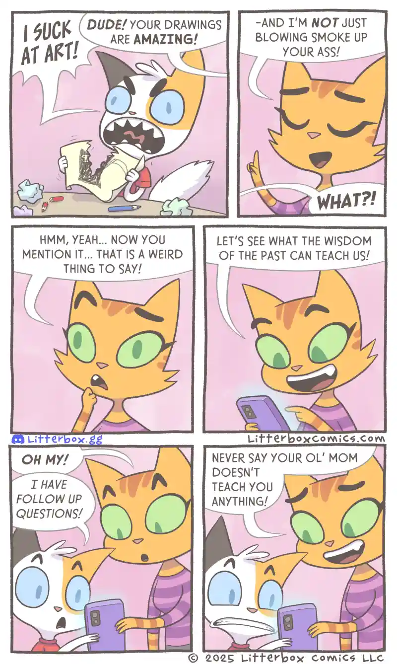 A six-panel comic strip featuring two cartoon cats. The first cat, white and orange with blue eyes, tearfully admits 'I SUCK…