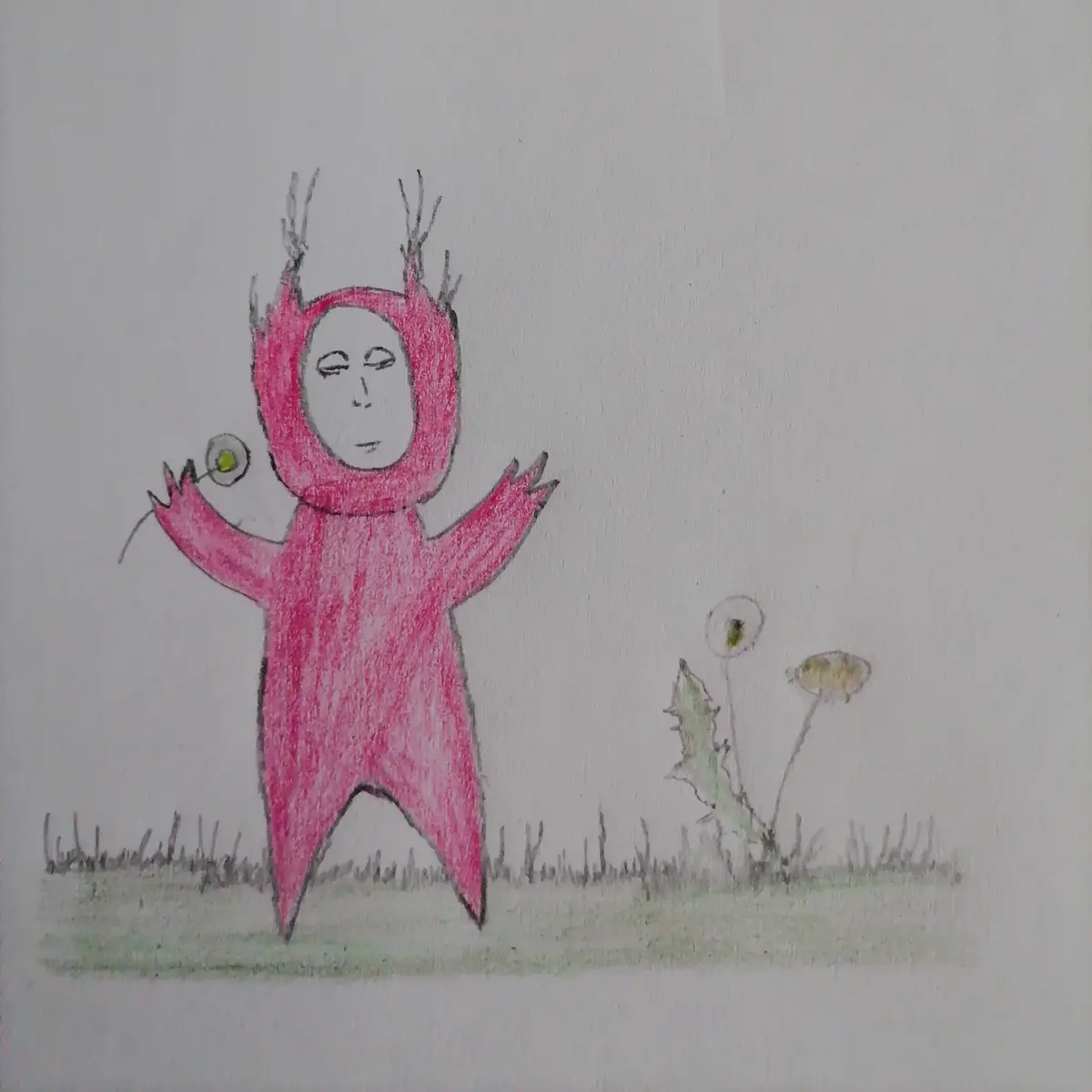 A child's crayon drawing shows a pink, hooded figure with antler-like protrusions standing in grass, holding a dandelion…