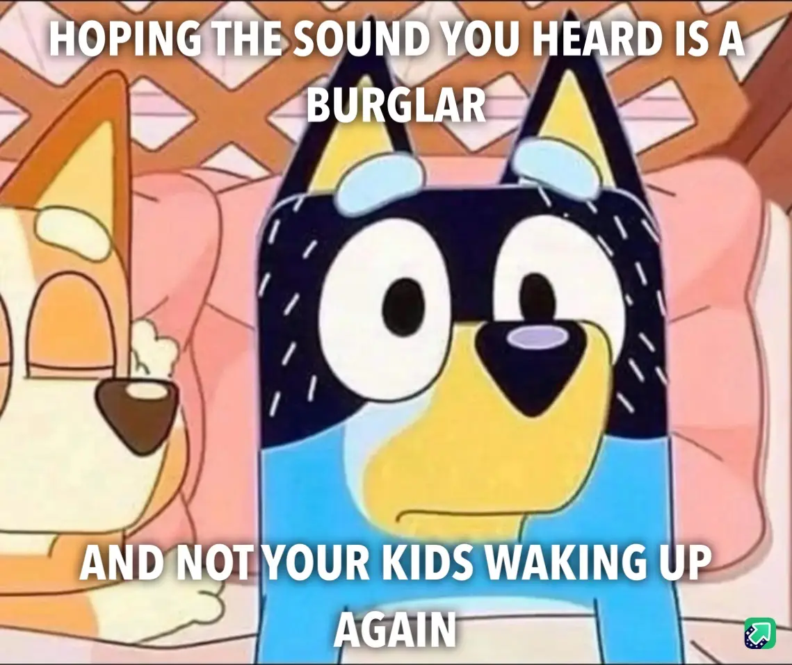 The image shows two cartoon dogs from the show 'Bluey'. The main character, Bluey, a blue-heeled dog with large eyes and a…