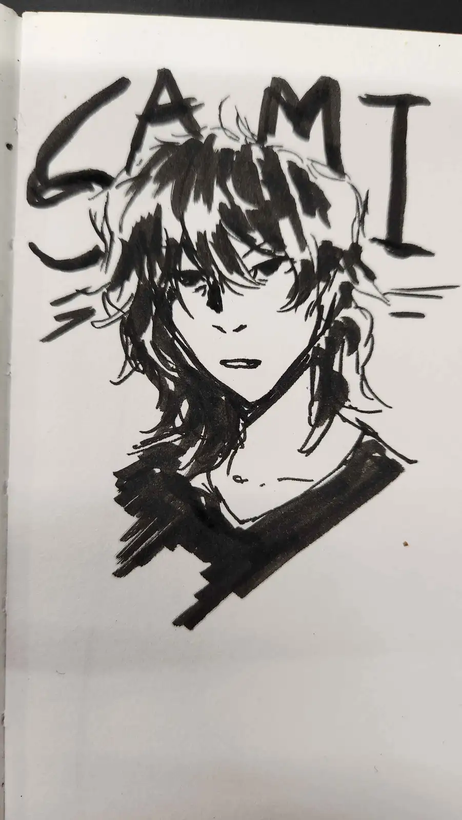 A black-and-white ink sketch of an anime-style character with messy hair and a neutral expression, with the word 'SAMI'…