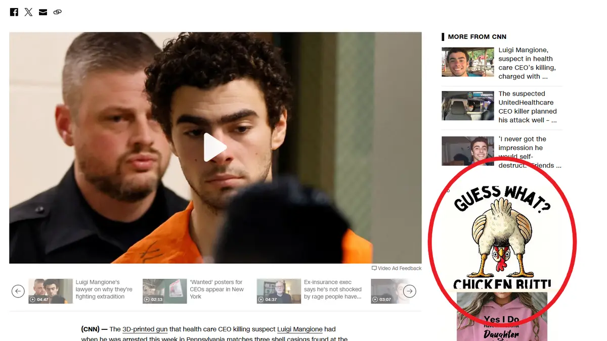 A screenshot of a CNN news article about Luigi Mangione, the suspect in a CEO killing, shows a video player with a play…
