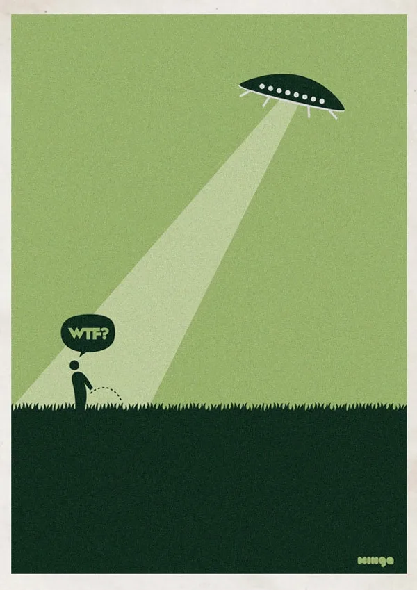 A minimalist illustration shows a stick figure on a grassy field pooping while a UFO hovers overhead, shining a beam of…