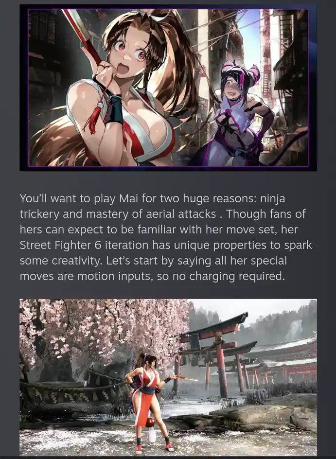 The image displays two panels from the fighting game Street Fighter 6. The top panel shows anime-style character Mai…