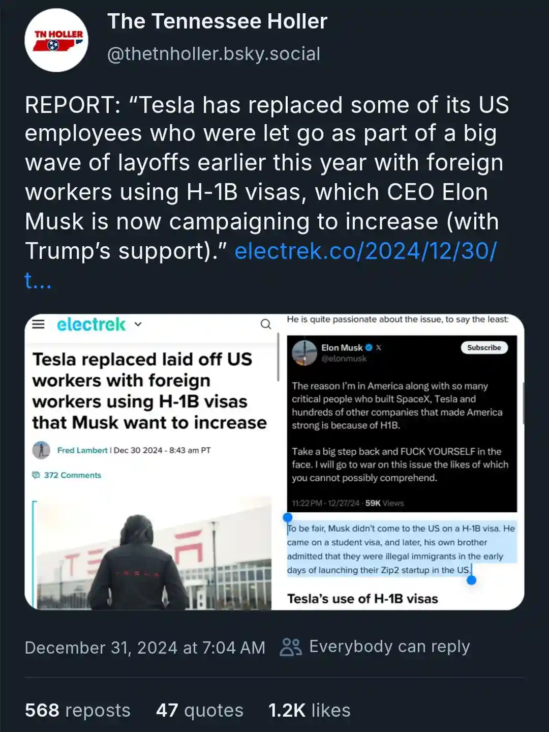 A screenshot of a social media post by 'The Tennessee Holler' sharing a report that Tesla replaced laid-off US workers with…
