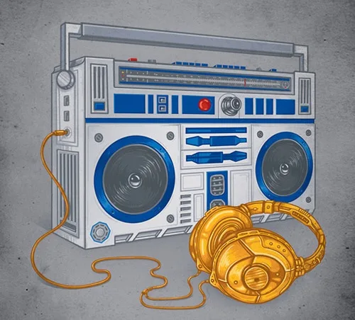 An illustration of a boombox styled to look like the Star Wars droid R2-D2, with blue and white panels and circular…