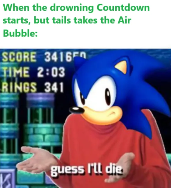 A screenshot from a Sonic the Hedgehog game shows Sonic in a red turtleneck with a resigned, helpless expression, hands…