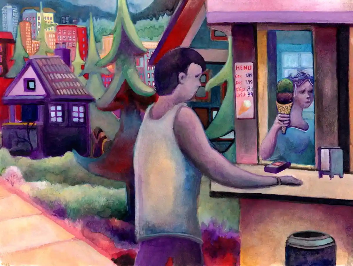 A man in a tank top stands at an ice cream shop counter, looking at a menu that lists cone, cup, chips, and drink for 99…