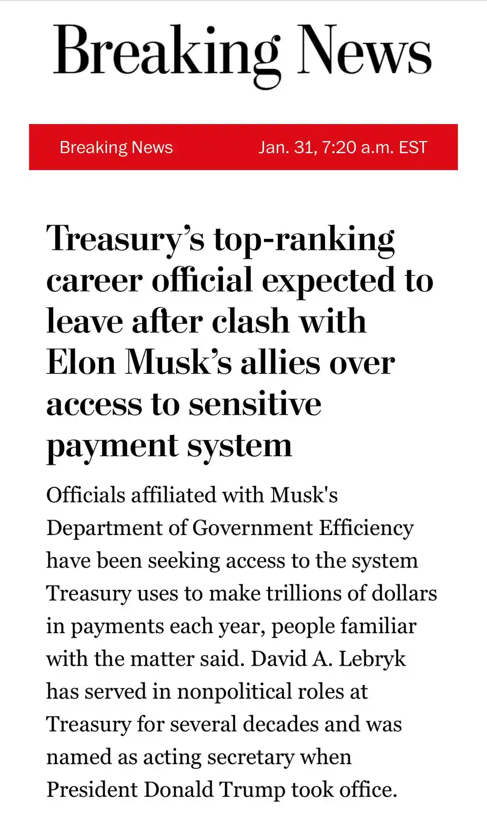 The image displays a mock breaking news article with a red banner reading 'Breaking News Jan. 31, 7:20 a.m. EST'. The…
