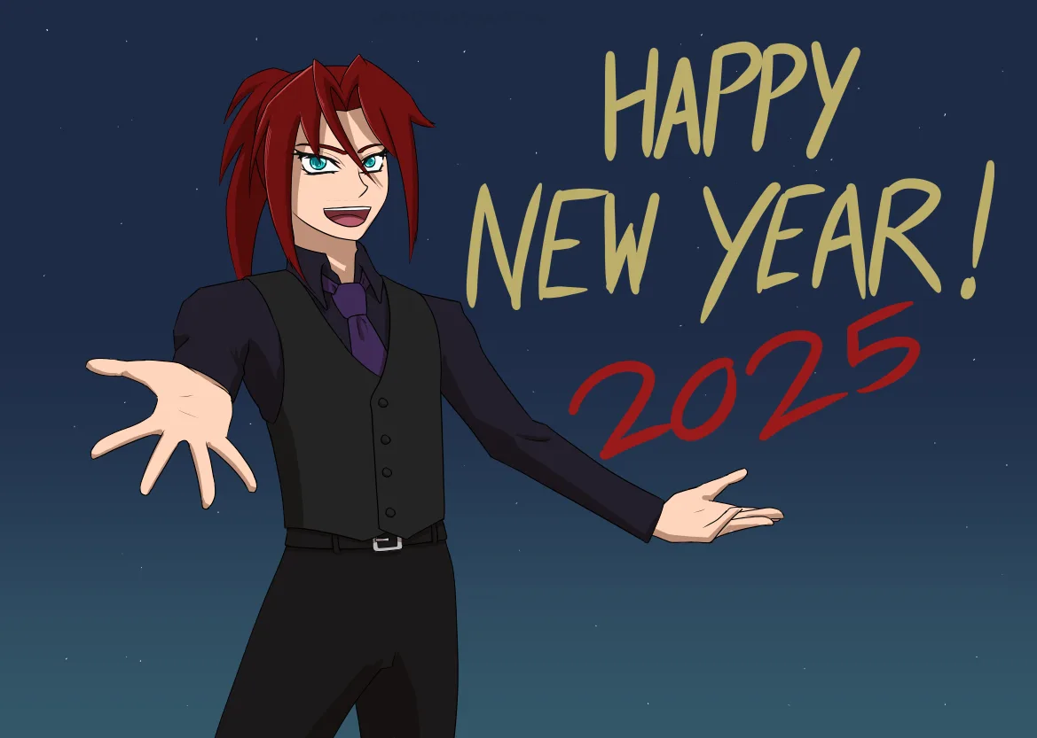 An anime-style character with red hair and blue eyes, wearing a black suit and vest, stands against a starry night sky with…