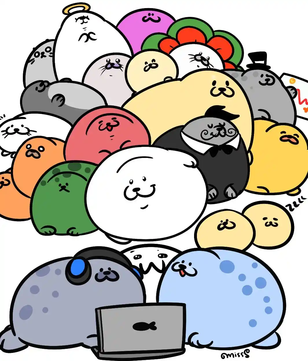 A cartoon illustration shows a large, colorful pile of round, seal-like characters with various expressions and accessories…
