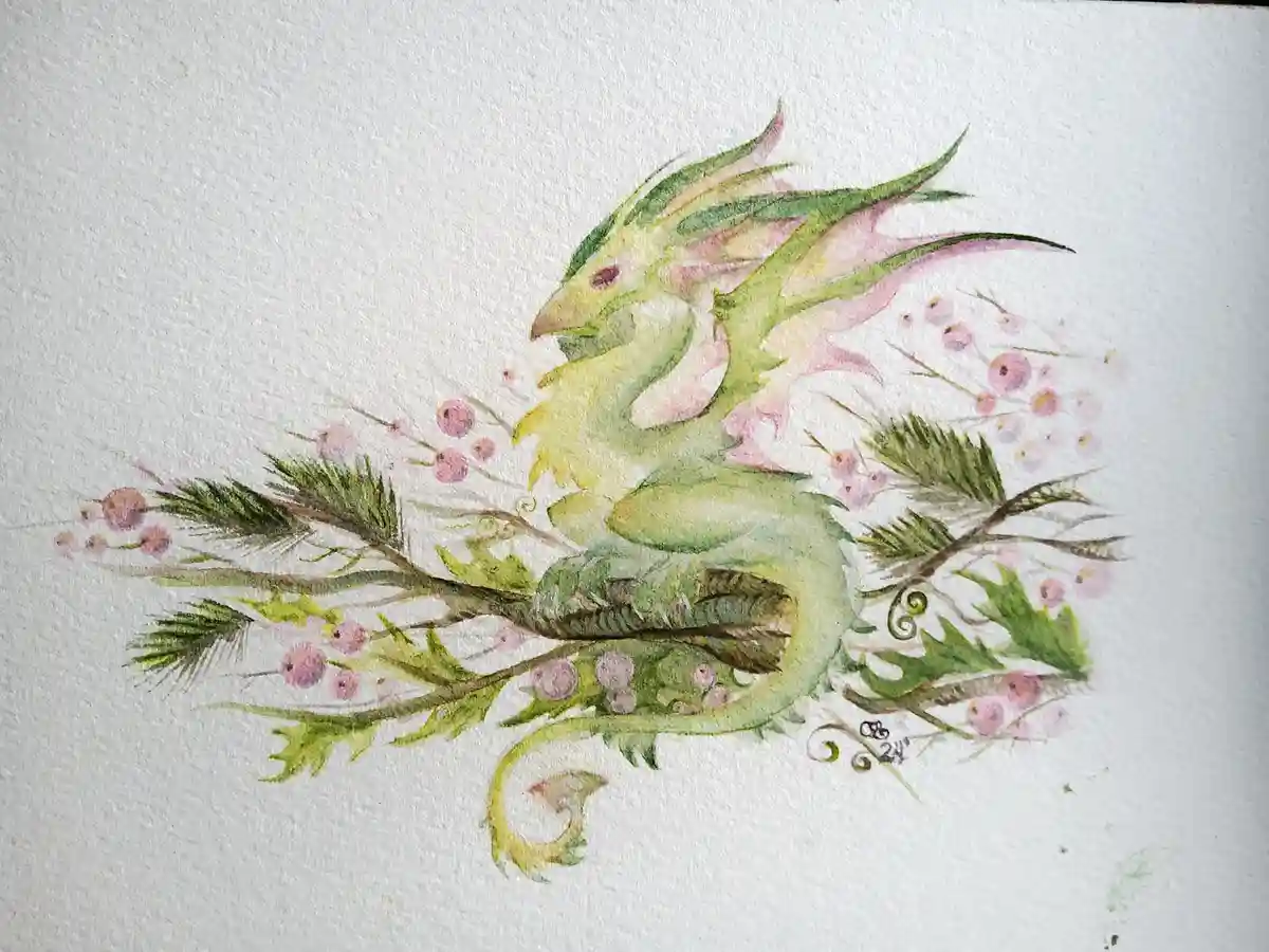 A watercolor painting depicts a stylized green dragon with pink accents, blending seamlessly into a branch adorned with…