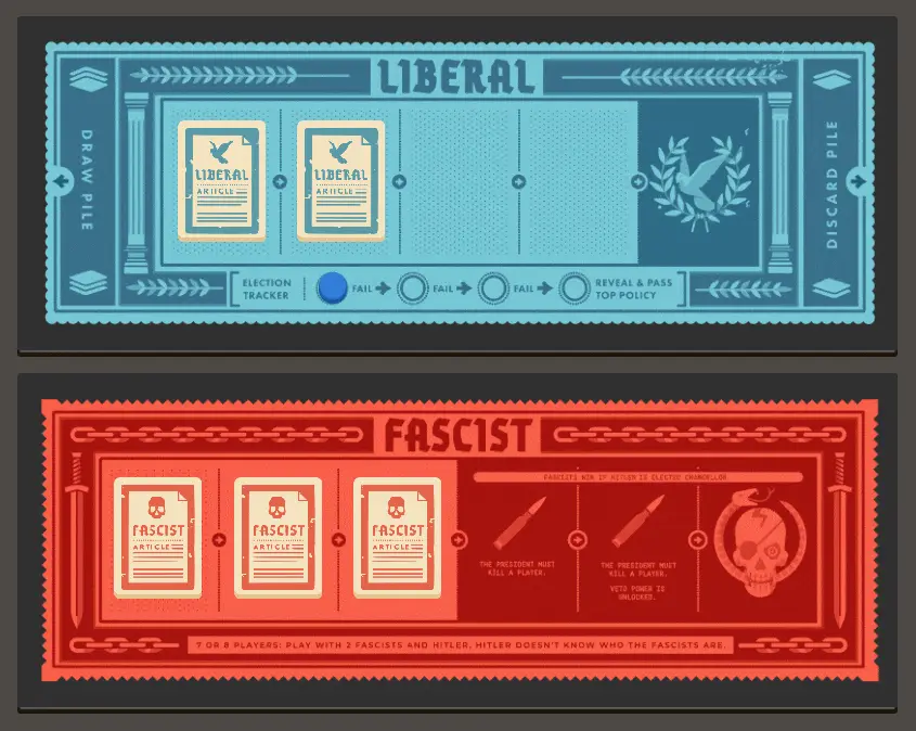 The image displays two rows of game boards from the board game 'Coup'. The top row shows 'LIBERAL' boards with blue…