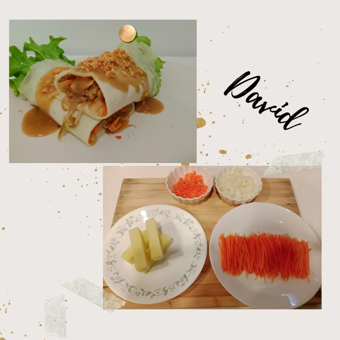 The image displays two photos: one of a finished spring roll with peanut sauce and toppings, and another of raw ingredients…