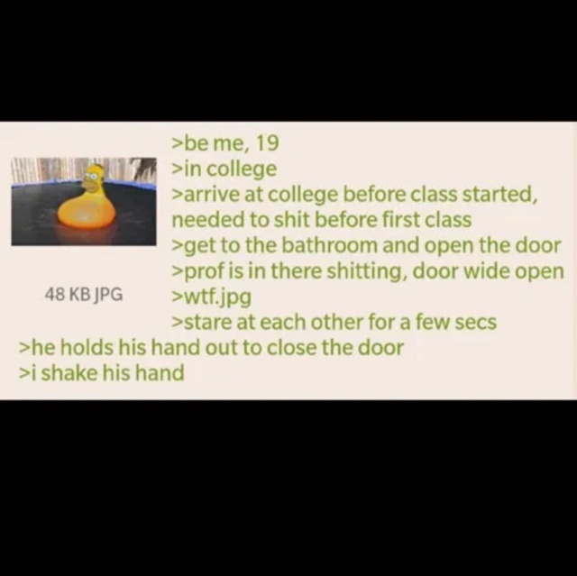 An image of a yellow rubber duck floating in water, overlaid with green text describing a college student's awkward…