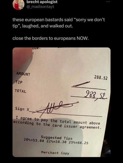 A close-up photo of a restaurant receipt showing an original bill amount of $288.52, with a handwritten tip of $988.52…