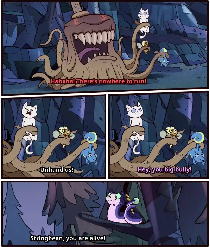 A four-panel comic strip from 'Adventure Time' shows a giant, toothy, multi-tentacled monster laughing as it holds three…
