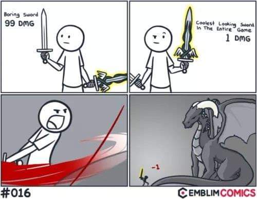 A four-panel comic strip featuring a stick figure character. In the first panel, the character holds a plain sword labeled…