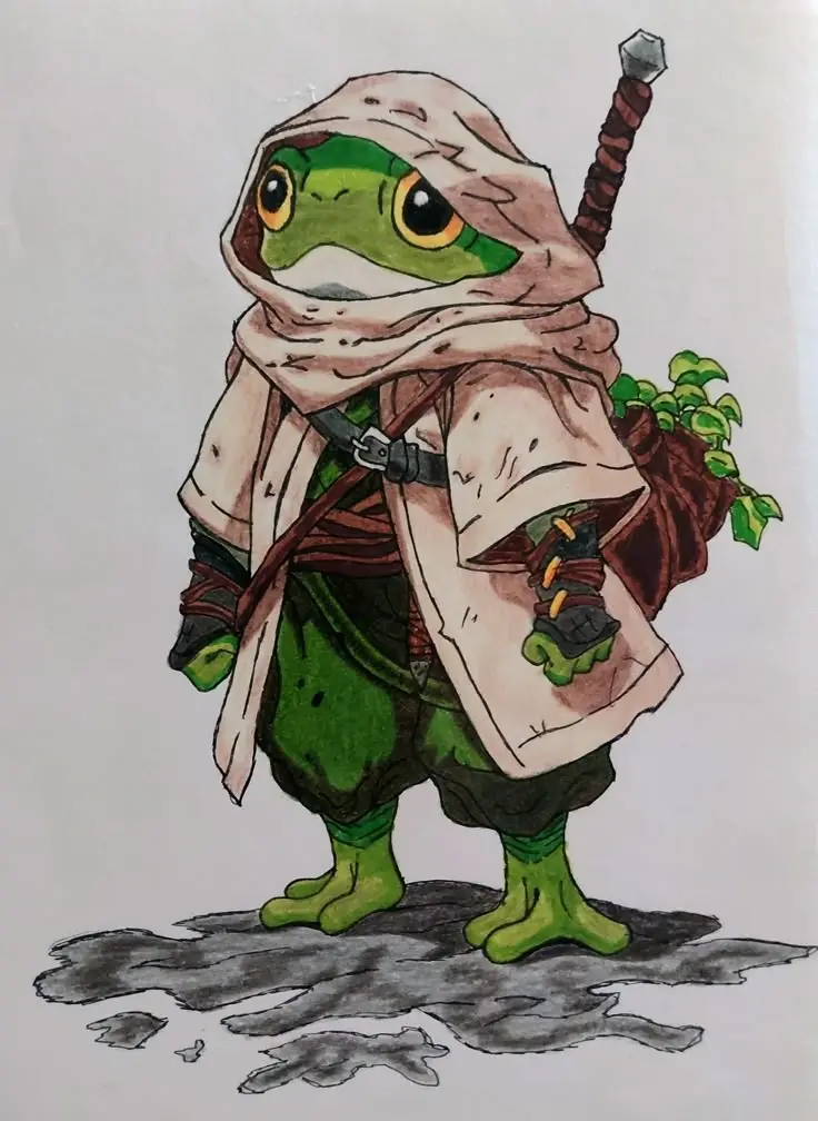A hand-drawn illustration of a green frog wearing a beige ninja-style hooded robe, with a sword on its back and a sack of…