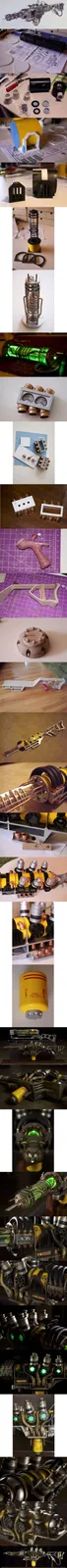 A vertical collage of images documents the step-by-step construction of a highly detailed, steampunk-style sci-fi weapon…