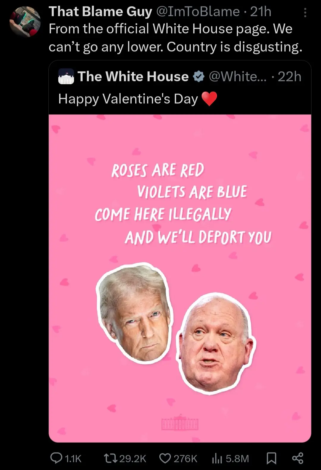 A screenshot of a tweet from 'The White House' account showing a pink Valentine's Day card with hearts, featuring a modified…