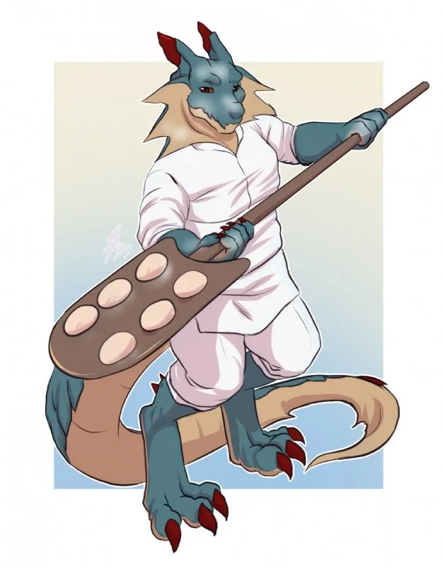 A blue dragon with red-tipped horns and claws, wearing a white chef's uniform, holds a large wooden paddle with six round…