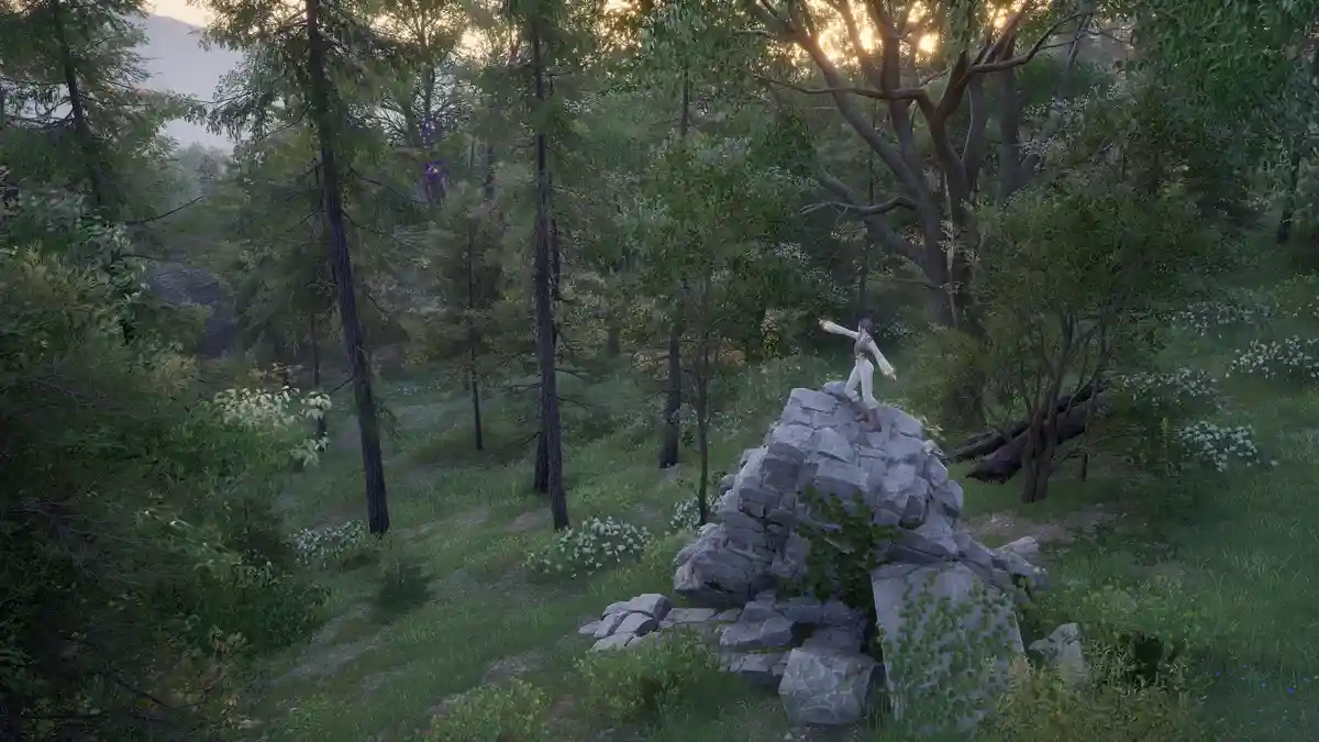 A video game character in a white outfit stands atop a large rock in a lush forest, arms outstretched with glowing hands…