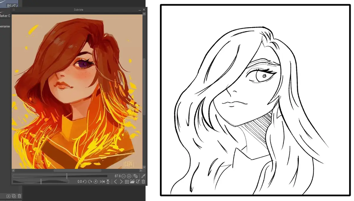 The image displays two side-by-side panels: on the left, a colorful digital illustration of a female character with fiery…