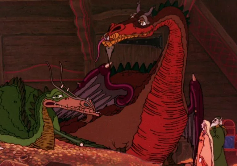 A red dragon with a long neck and purple wings is standing in a wooden room, looking down at a smaller green dragon lying on…