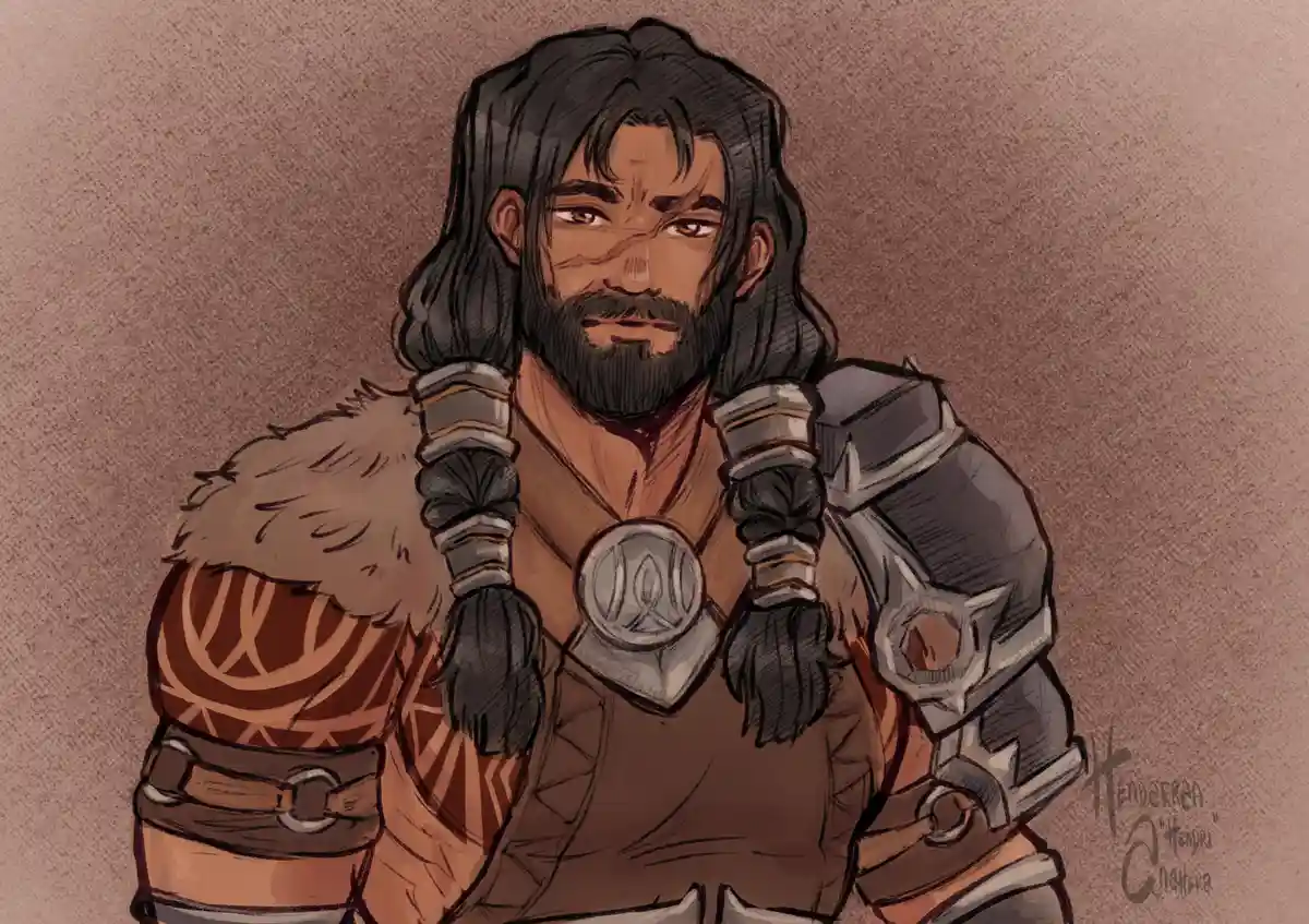 A digital illustration of a muscular, bearded man with long dark hair in two braids, wearing armor and a fur-trimmed vest…