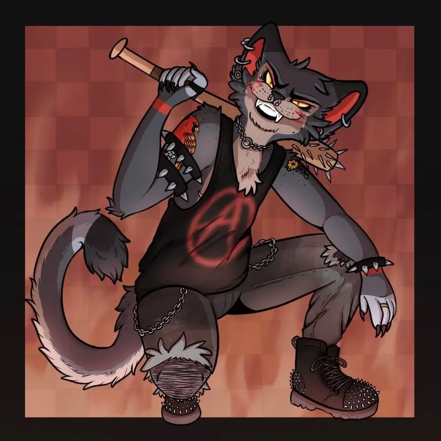 A stylized anthropomorphic cat with dark fur, glowing yellow eyes, and a menacing grin holds a baseball bat over its…