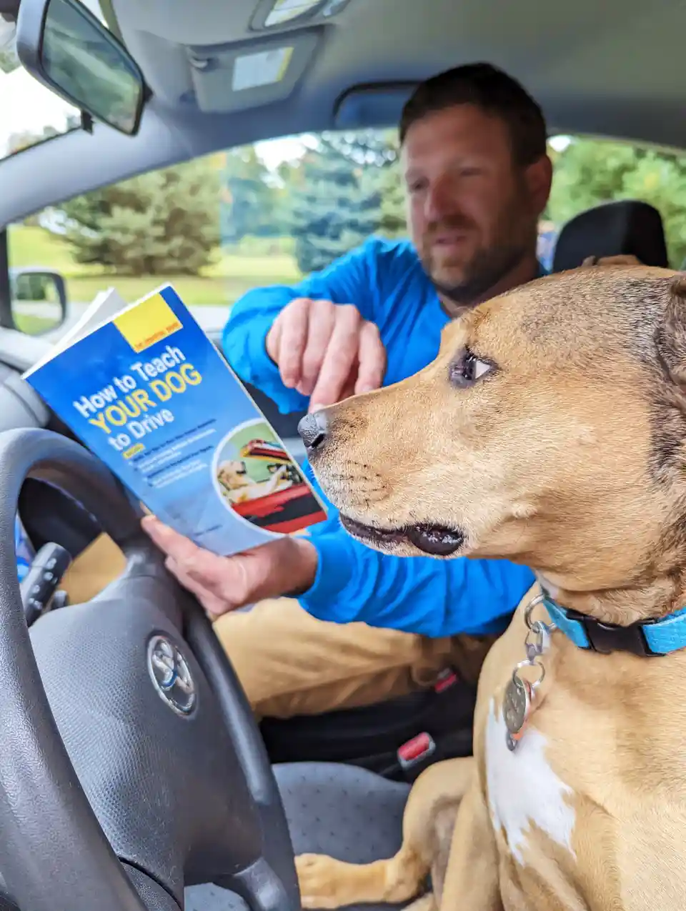A man in a blue shirt sits in the driver's seat of a car, holding a book titled 'How to Teach YOUR DOG to Drive' while…
