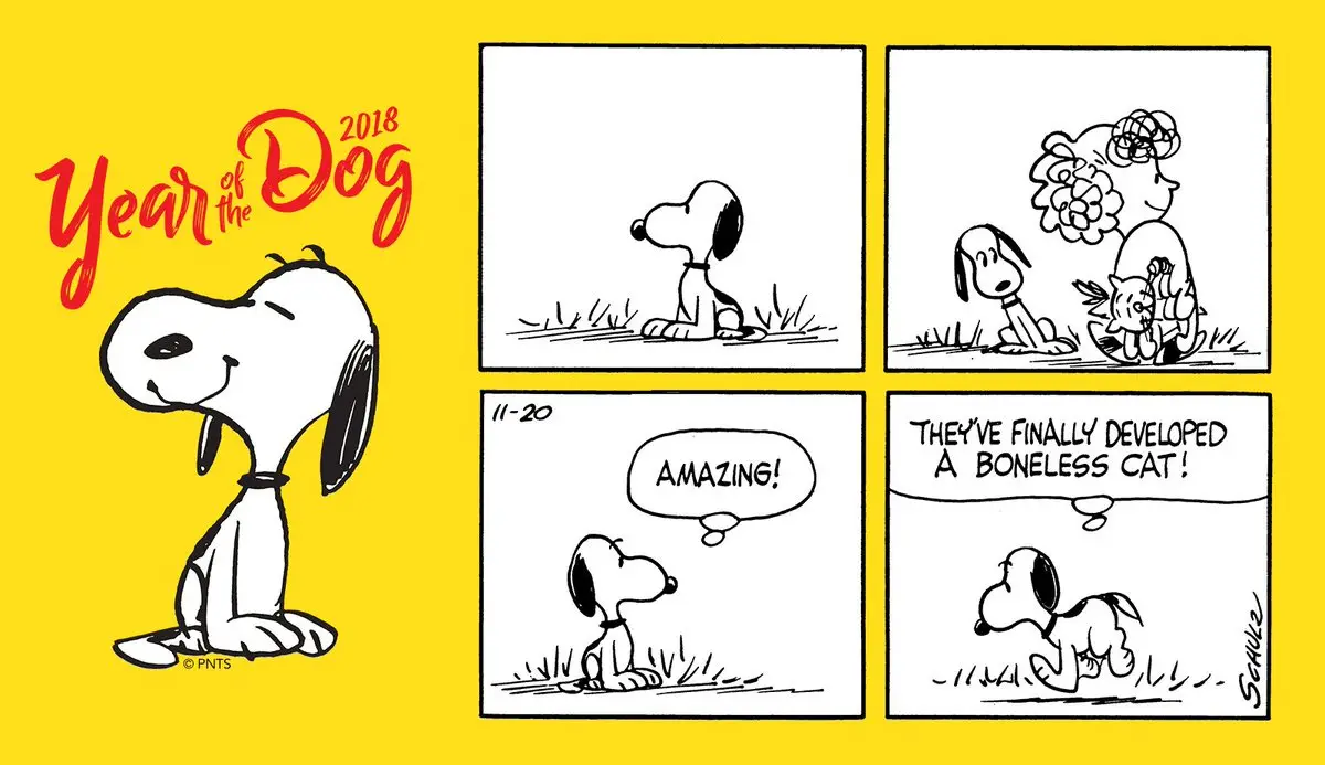 A four-panel Peanuts comic strip featuring Snoopy. In the first panel, Snoopy sits alone. In the second, he watches Lucy…