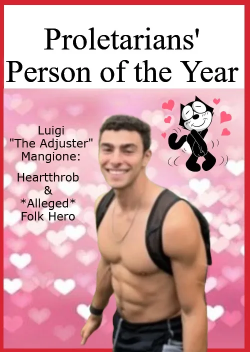 A shirtless man with a backpack smiles against a pink heart-patterned background. Text at the top reads 'Proletarians'…