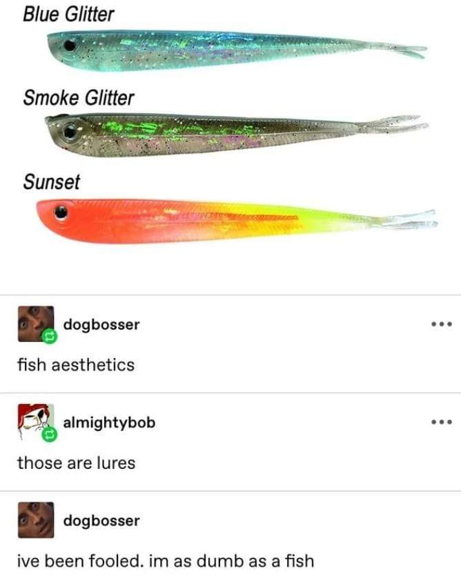 The image displays three fishing lures labeled 'Blue Glitter,' 'Smoke Glitter,' and 'Sunset,' arranged vertically. Below…