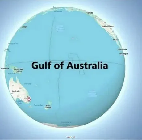 A globe map image with the text 'Gulf of Australia' overlaid in large black font, humorously mislabeling the body of water…