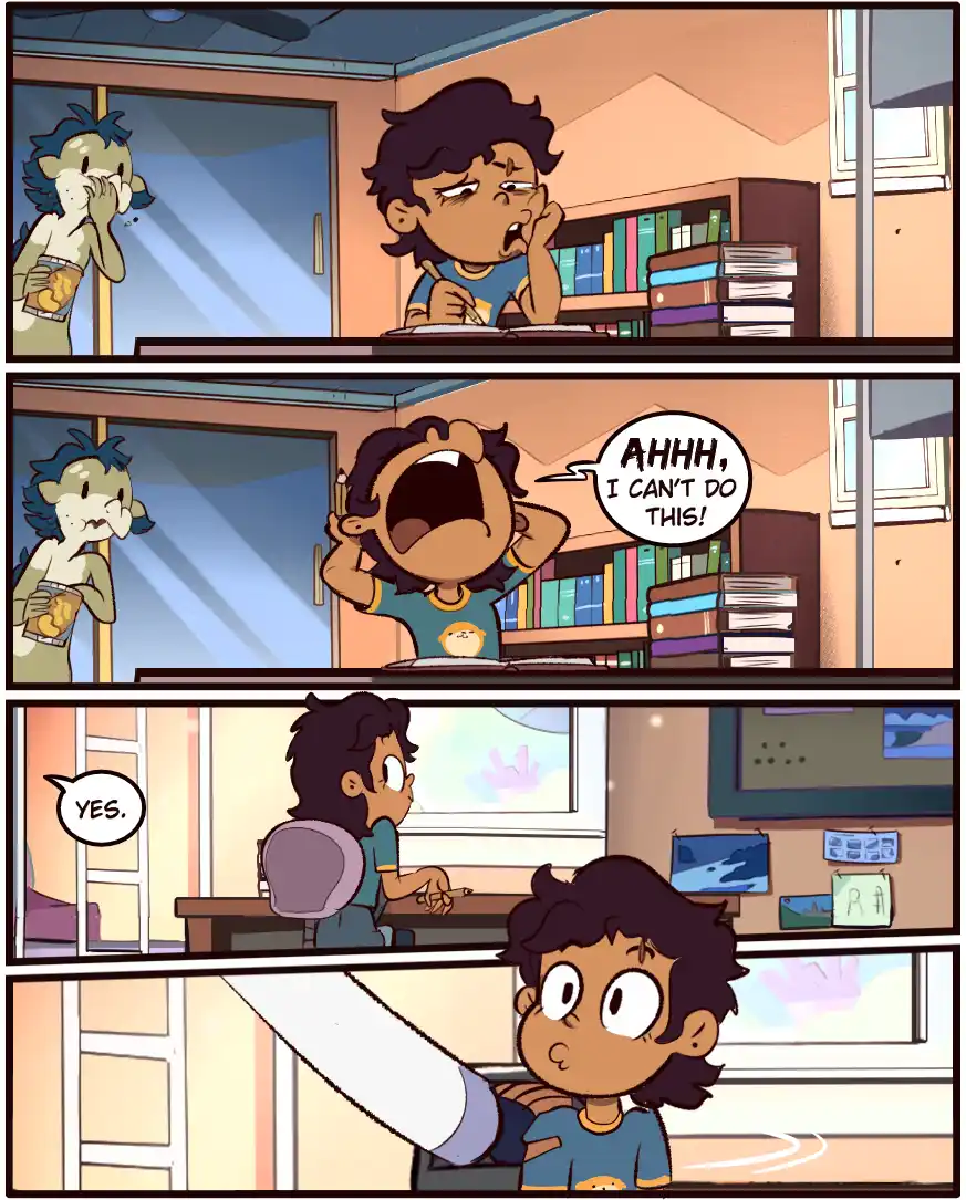 A four-panel comic strip from 'The Owl House' shows a young boy struggling with homework, screaming in frustration while a…